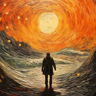 Surrealistische scène, een man in de zee, Vincent van Gogh impressionistische stijl door F. Abderrahim