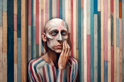 Surrealistisch schilderij van een verdrietige man geïnspireerd door Giorgio de Chirico door F. Abderrahim