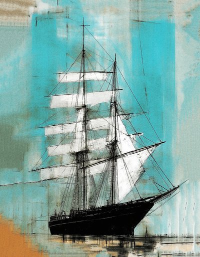 Dapper schip zeilen schilderij oud, motherwell stijl, muurkunst | canvasafdrukken door F. Abderrahim