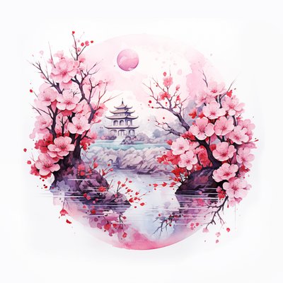 japanse traditionele thuis tuin met bloemen, muurkunstafdruk door F. Abderrahim