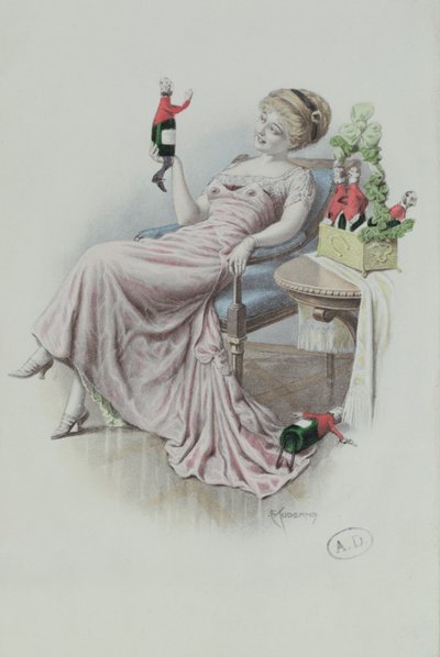 Ansichtkaart met een vrouw met flessen champagne in de vorm van mannen door F. Kuderna