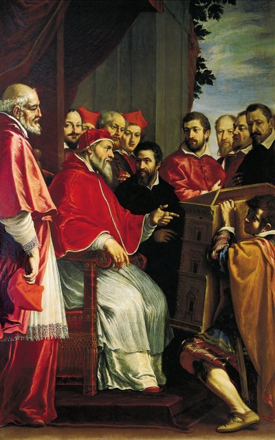 Michelangelo presenteert model van gebouw van Rota-rechtbank in Giulia-straat aan paus Julius III door Fabrizio Boschi