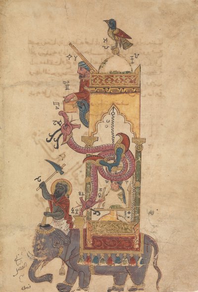 De Olifantenklok, Folio uit een Boek van de Kennis van Ingenieuze Mechanische..., A.H. 715A.D.1315 door Farrukh ibn Abd al Latif