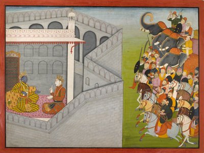 De belegering van Mathura door Jarasandha uit de serie Guler-Basholi "Bhagavata Purana". door Fattu