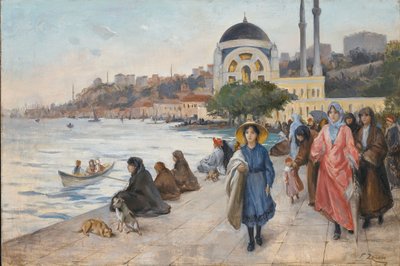Mafalda aan de Oevers van de Bosporus, de Dolmabahce Moskee op de Achtergrond door Fausto Zonaro