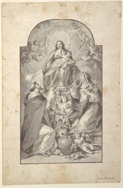 Ontwerp voor een Altaarschilderij, Sint Dominicus en Sint Catharina van Siena Ontvangen de Rozenkrans van de Maagd en het Kind door Fedele Fischetti
