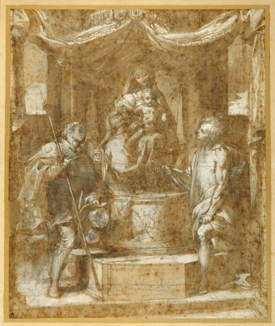 De Maagd en het Kind op een troon onder een baldakijn, met St. Rochus en St. Sebastiaan door Federico Fiori Barocci or Baroccio