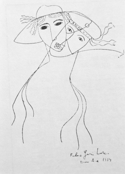 Tekening om een van zijn eigen gedichten te illustreren, gemaakt in Buenos Aires door Federico Garcia Lorca