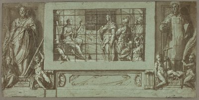 Sint Catharina in de gevangenis bekeert keizerin Faustina tot het christendom, geflankeerd door de heiligen Saturnius en Simon door Federico Zuccaro