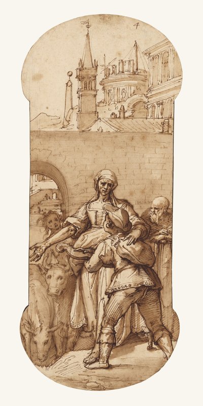 Taddeo bij de ingang van Rome begroet door zwoegen, dienstbaarheid en ontbering, en door gehoorzaamheid en geduld (de ezel en de os) door Federico Zuccaro