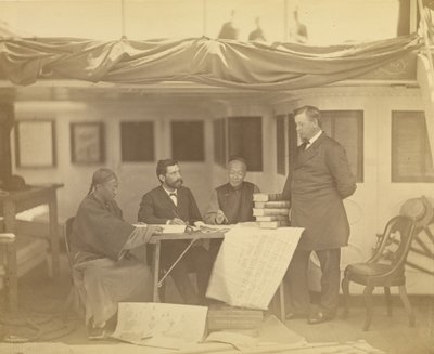 Chinese tolken met minister Drew en minister Low in de kajuit van het Amerikaanse vlaggenschip Colorado door Felice Beato