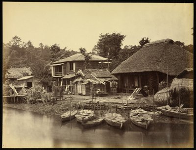 Japans huisje aan de kreek Yokohama door Felice Beato