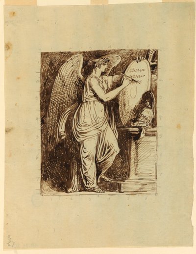Een gevleugelde overwinning die de datum 1805 op een schild schrijft door Felice Giani