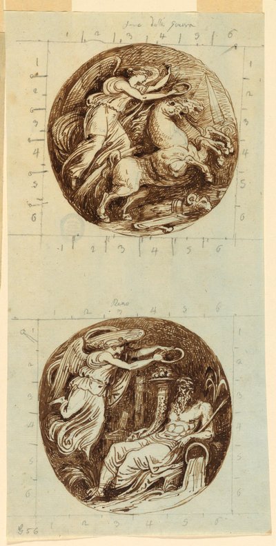 Tekening, Een gevleugelde overwinning op een strijdwagen; Een gevleugelde overwinning die een riviergod kroont, Reno; twee rondellen, ca. 1805 door Felice Giani