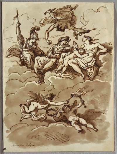 Minerva, Mercurius, Juno en Venus op wolken, studie naar Marcantonio Franceschini door Felice Giani
