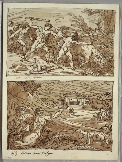 Remus verjaagt en doodt de rovers van de kuddes; Heiligdom voor de vluchtelingen op de Campidoglio, twee studies naar Carracci door Felice Giani