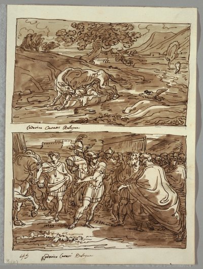 Romulus en Remus Gezoogd door de Wolf; Romulus Wijdt aan Jove Feretrius de Buit van de Overwonnen Koning Acronius, Twee Studies naar Carracci door Felice Giani