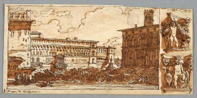 Schetsboekpagina, Folio 57: Studie na Piazza Emmanuelle in Bologna; Verso, architectonisch detail door Felice Giani