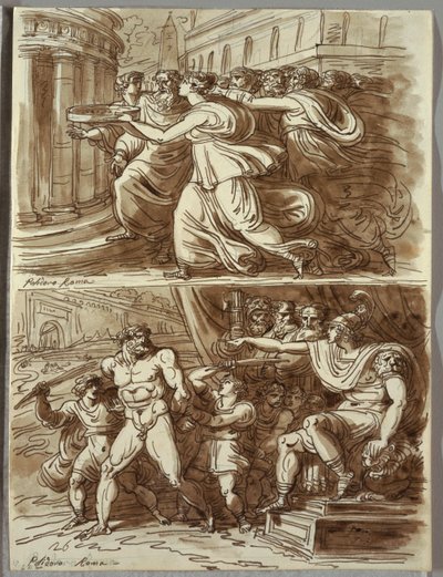 De Vestal Tuccia draagt water in een zeef; Twee studies naar Polidoro da Caravaggio door Felice Giani