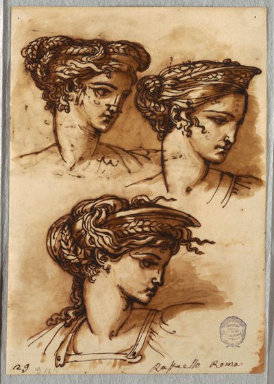Drie studies van een hoofd met diadeem en gevlochten haar, naar Raphael door Felice Giani