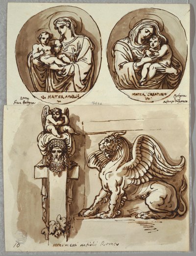 Twee tekeningen van de Madonna en Kind in ovalen, studies naar Giambologna en Alfonzo da Ferrero; Herm en Chimera, naar antiek door Felice Giani