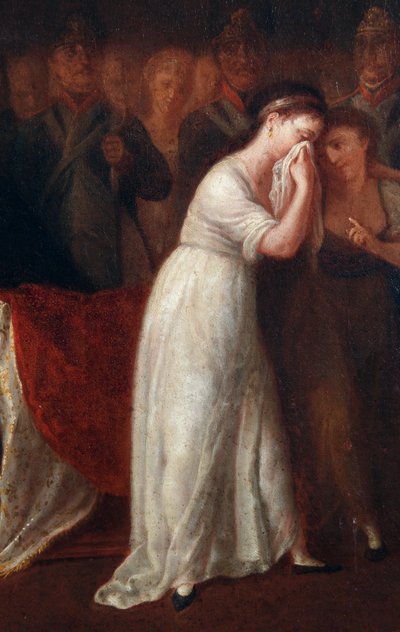 Een vrouw als de wet die de status van de moeder binnen het gezin regelt, inferieur aan die van de echtgenoot. Detail van de afkondiging van het Burgerlijk Wetboek of Code van Napoleon Bonaparte op 21/03/1804 door Felice Guascone