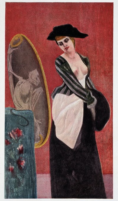 De demon van hebzucht: een monsterlijke weerspiegeling van een vrouw die zichzelf in een spiegel bekijkt, 