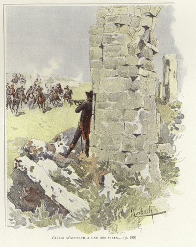 Een soldaat leunt tegen een verwoeste muur terwijl hij richt op de naderende aanval door Felicien baron de Myrbach Rheinfeld