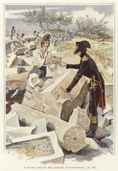 Een soldaat die een pot doorgeeft aan een andere soldaat tussen de ruïnes van Nicopolis door Felicien baron de Myrbach Rheinfeld