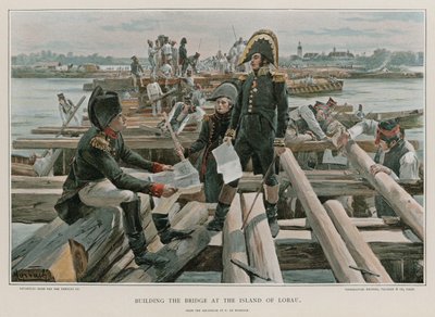 De brug bouwen op het eiland Lobau door Felicien baron de Myrbach Rheinfeld