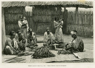 Inheemse mensen maken tabak. Gravure door Myrbach ter illustratie van het verhaal 