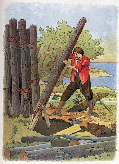 Robinson Crusoe bouwde zijn eerste huis. door Felicien baron de Myrbach Rheinfeld