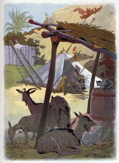 Robinson Crusoe thuis met zijn dieren door Felicien baron de Myrbach Rheinfeld