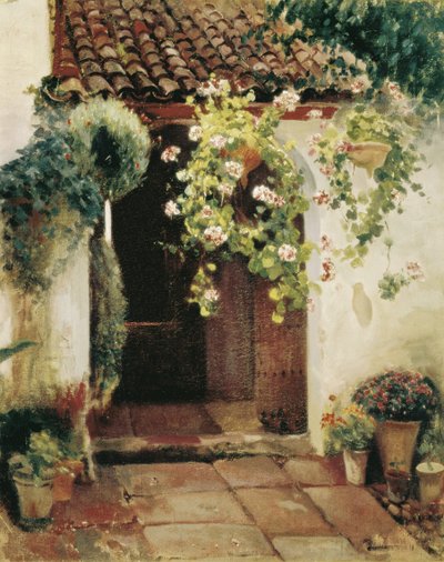 Entreehal met geraniums door Felipe Abarzuza y Rodriguez de Arias