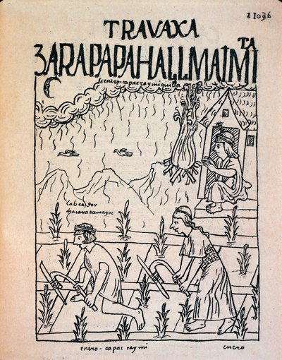Een Inca Hatun Runa paar dat in januari op het veld werkt door Felipe Huaman Poma de Ayala