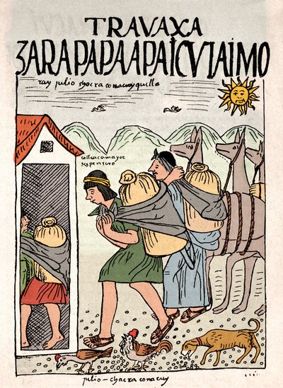 Inca-rijk: Inca-boeren werken in de velden in juli (inkttekening uit het manuscript 