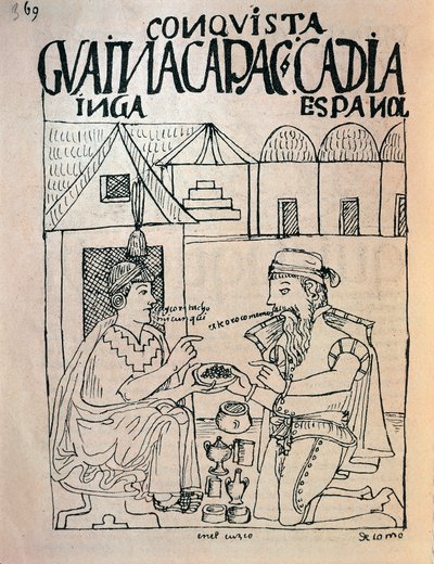 Inca uit Cuzco en Engelse conquistador ontvangen geschenken door Felipe Huaman Poma de Ayala