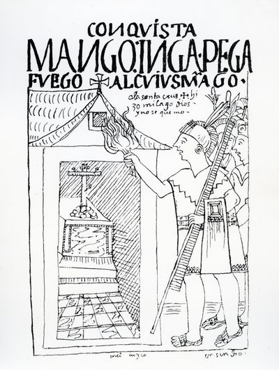 Manco Inca probeert het Inca-paleis van Cuyus Mango, dat was omgebouwd voor christelijke aanbidding, in brand te steken, maar God grijpt in door Felipe Huaman Poma de Ayala