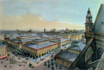 Uitzicht op Les Halles in Parijs vanaf de bovenste galerij van Saint Eustache, ca. 1870-80 door Felix Benoist