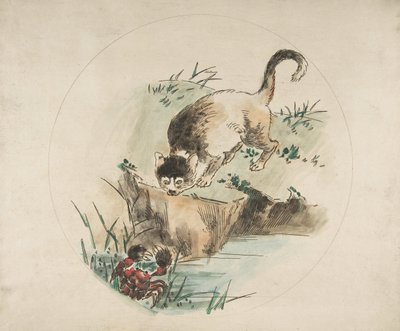 Decoratie voor een bord: een kat die een krab jaagt, 1850-1914 door Felix Bracquemond
