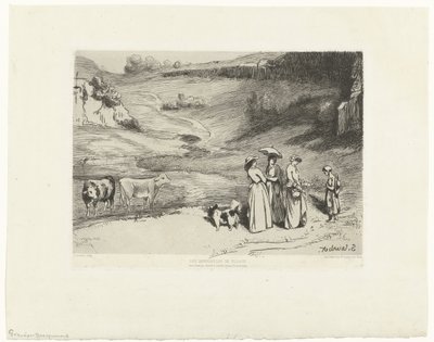 Jonge vrouwen geven herderin geld in heuvellandschap door Felix Bracquemond
