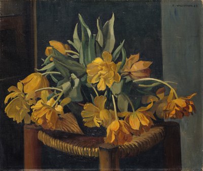 Dubbele Gele Tulpen op een Rotan Stoel door Felix Edouard Vallotton