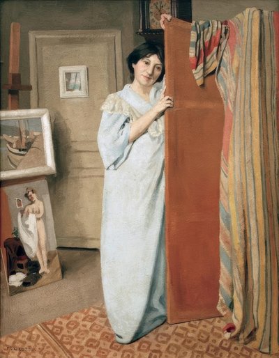 Atelierinterieur met de vrouw van de kunstenaar door Felix Edouard Vallotton