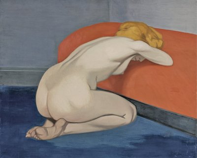 Naakte vrouw knielend voor een rode bank door Felix Edouard Vallotton
