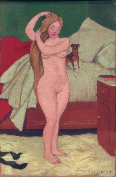 Vrouwelijk naakt, zich kammen, interieur door Felix Edouard Vallotton