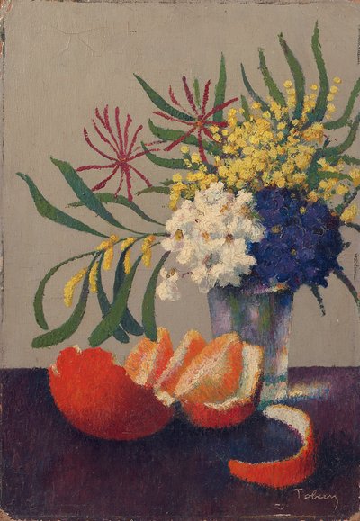 Stilleven met bloemen en een sinaasappel door Felix Elie Tobeen