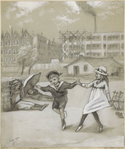 Dansende jongen en meisje in een stadspark of speeltuin door Felix Hess (signed by artist)
