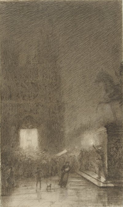 Samenscholing bij avond voor een kathedraal door Felix Hilaire Buhot