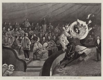 De opmars van de westerse beschaving, een Europees reizend circus in Hong Kong, China door Felix Hippolyte Lucas