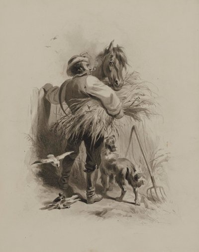 Boer met paard, hond en duiven door Felix Octavius Carr Darley